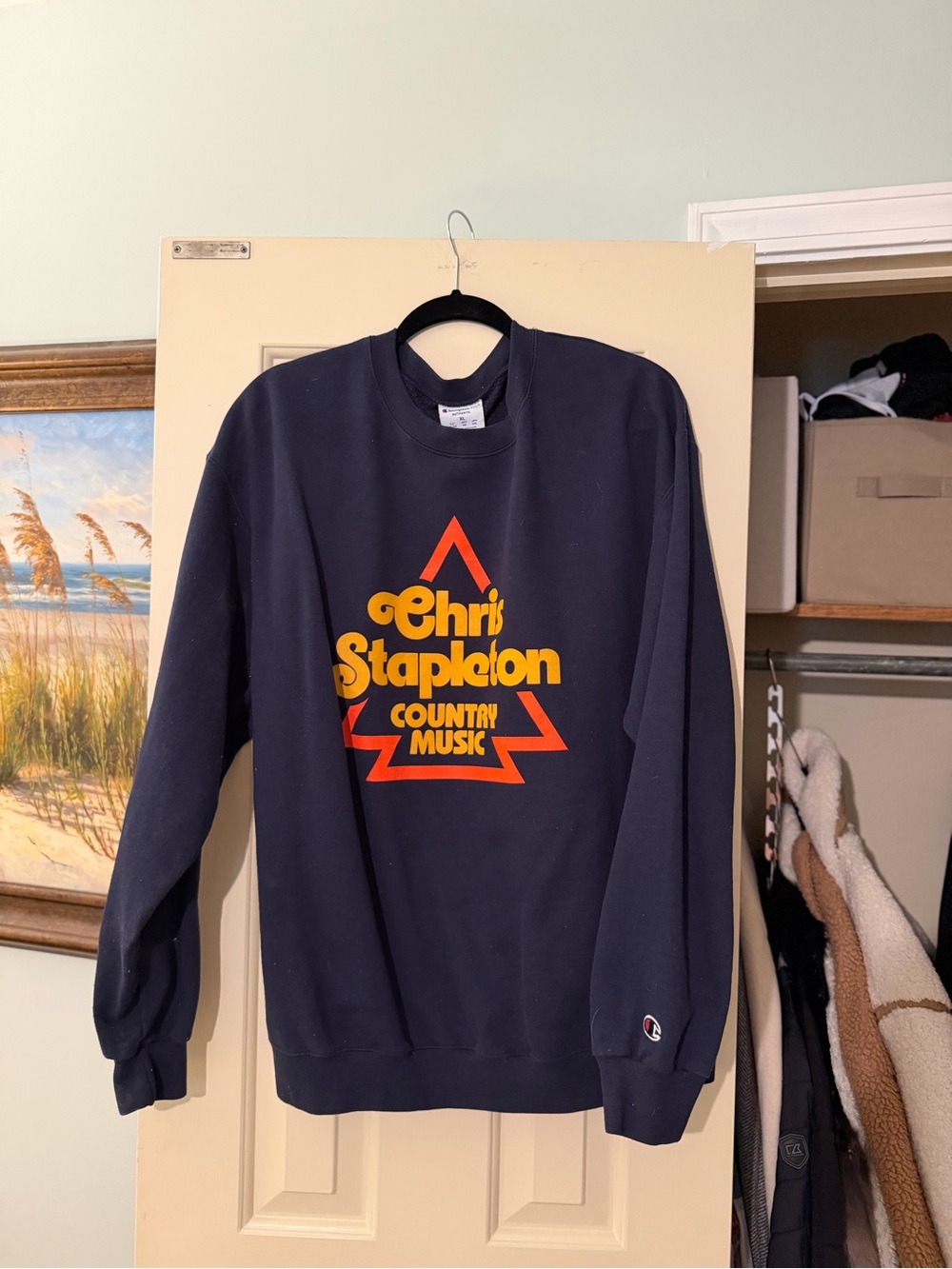 Champion Men’s Navy Crewneck Sweatshirt with Orange and Yellow Graphic